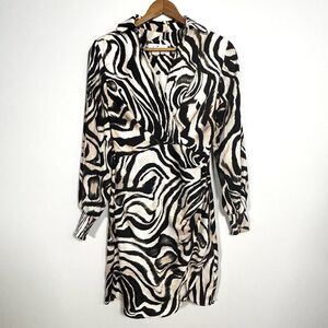 Anthropologie Zebra Print Wrap Dress Womens 2 Black Ivory Long Sleeve Mini